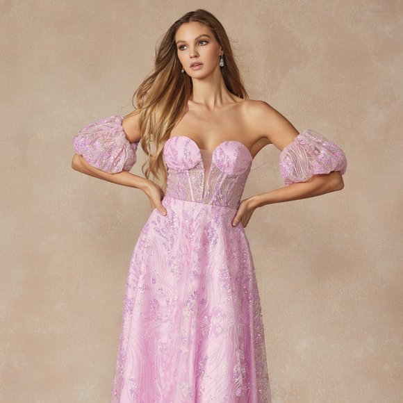 Juliet Dresses & Skirts - NEW LONG OFF THE SHOULDER STRAPLESS A-LINE GOWN EMBROIDERED WITH SEQUINS JT 2404